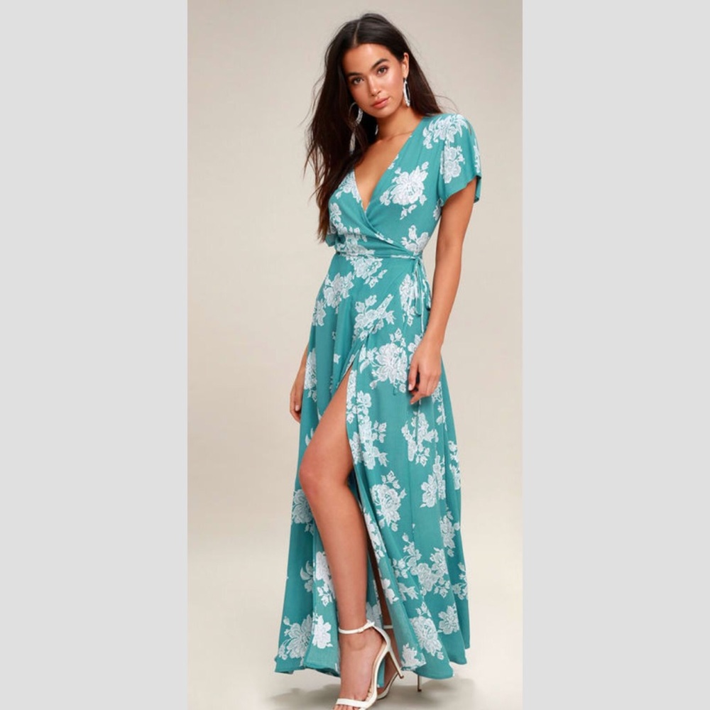 Turquoise Floral Print Maxi Wrap Dress